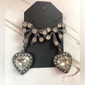 Vintage Crystal Heart Drop Earrings with Bow Accent - Clear